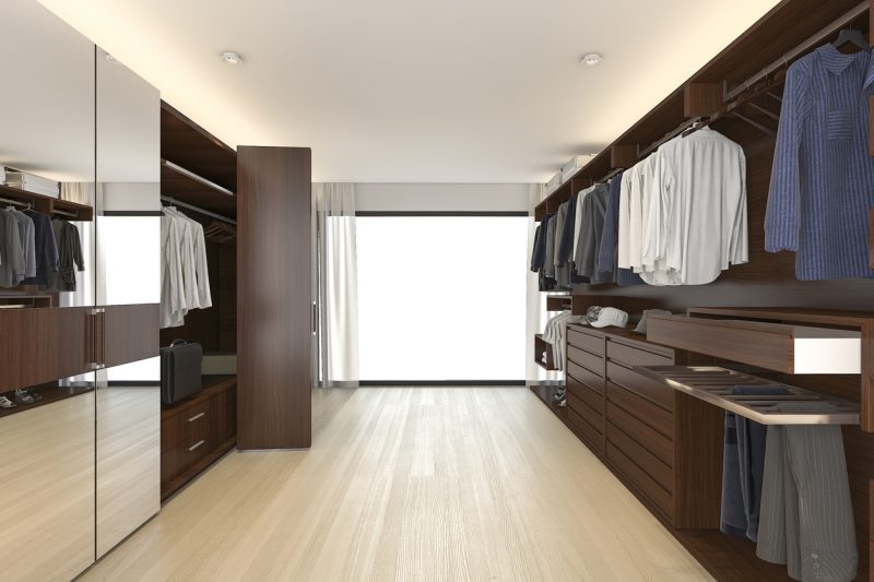 3d rendering  wood  wardrobe and walk in closet near window